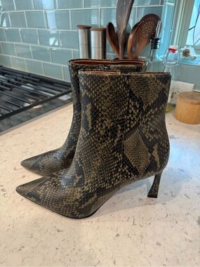 BCBGMaxAzria Olive and Black Snake-Print Pointed Toe Ankle Boots